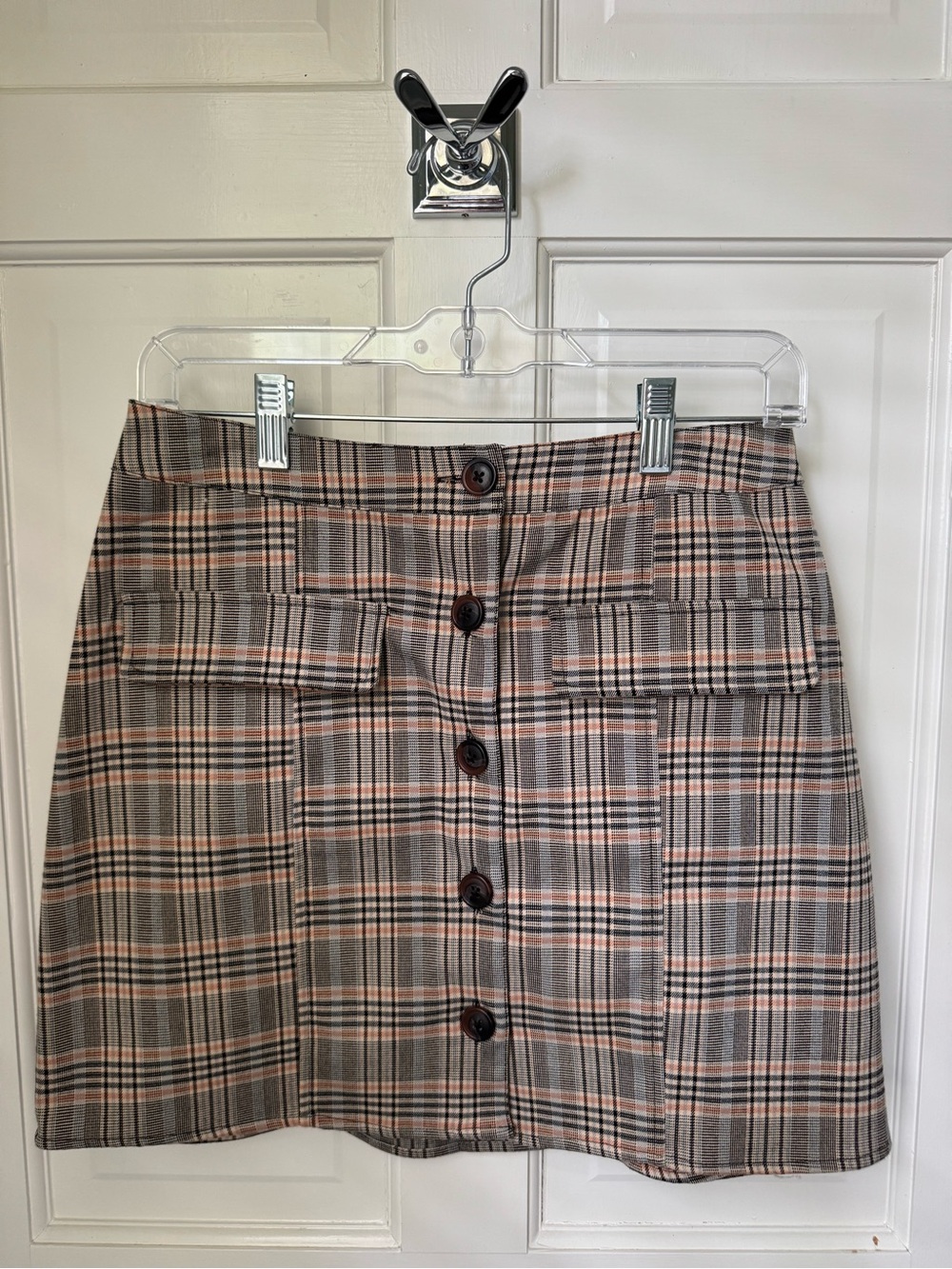 Urban Outfitters Plaid Button-Front Mini Skirt in Pink and Gray
